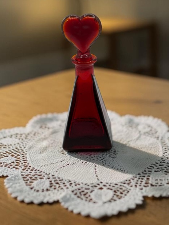 Vintage Other - VTG Ruby Red Art Glass Bottle W/ Heart Shaped Stopper Triangle Base Glows 6.5”